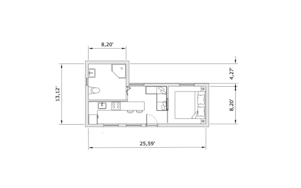Tiny house floor plan with bathroom, kitchen, living area and bedroom dimensions